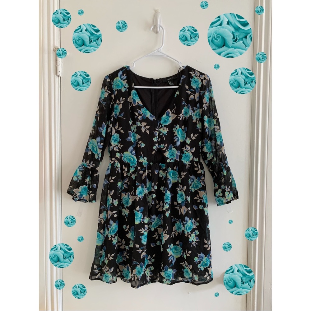 Long sleeve blue and black rose dress